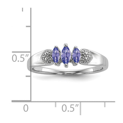 Sterling Silver Rhodium 3 Stone Tanzanite and Diamond Ring
