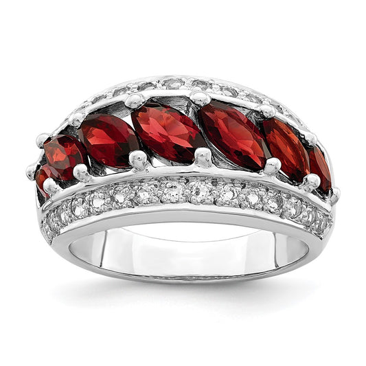Sterling Silver Rhod-plated Marquise Garnet/White Topaz 7-stone Ring