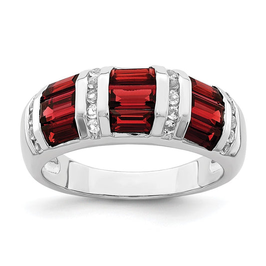 Sterling Silver Rhodium-plated Baguette Garnet u0026 White Topaz Ring
