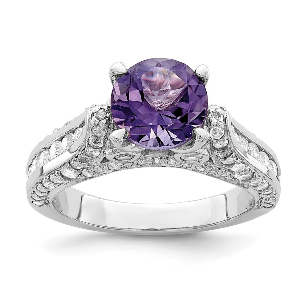 Sterling Silver Rhodium-plated 8mm Amethyst u0026 White Topaz Ring