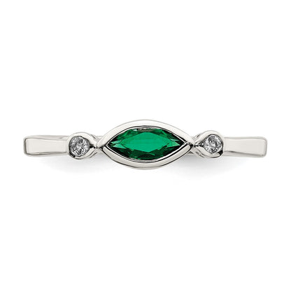 Sterling Silver Polished Created Emerald and White Topaz Ring
