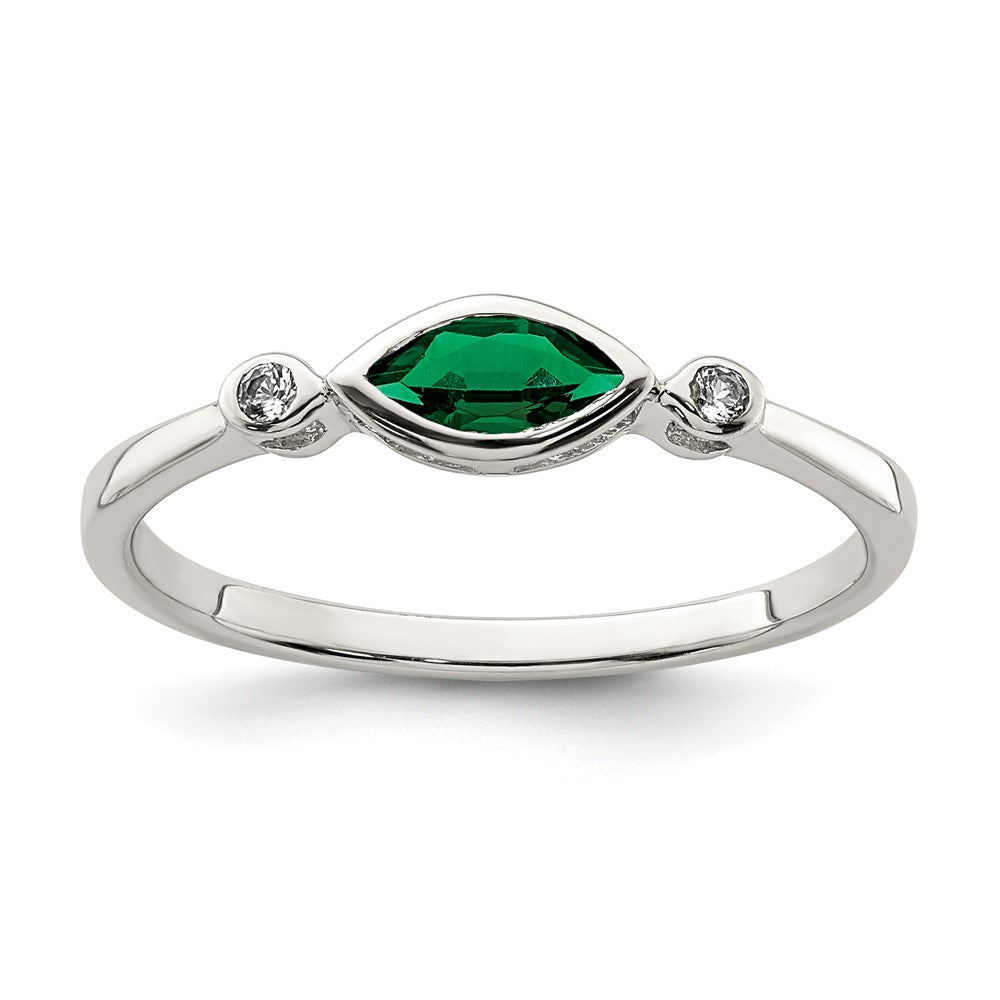 Sterling Silver Polished Created Emerald and White Topaz Ring