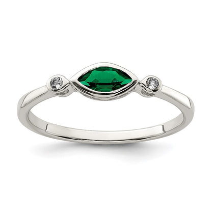 Sterling Silver Polished Created Emerald and White Topaz Ring
