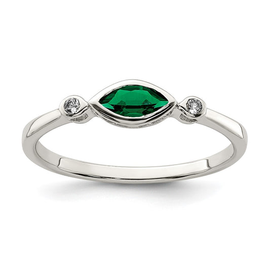 Sterling Silver Polished Created Emerald and White Topaz Ring