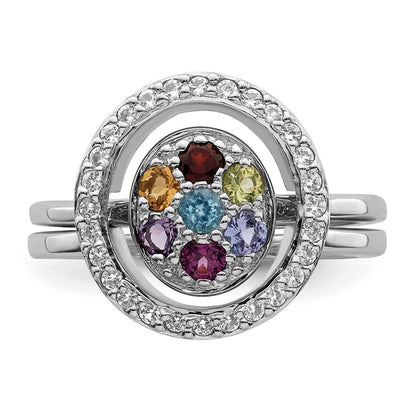 Sterling Silver Rhodium-plated Multi-gemstone w/Halo 2 Ring Set
