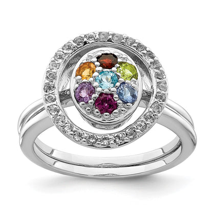Sterling Silver Rhodium-plated Multi-gemstone w/Halo 2 Ring Set