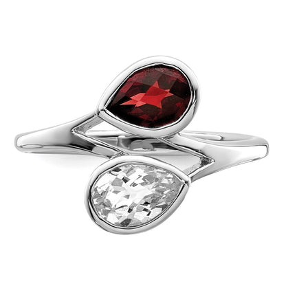 Sterling Silver Rhodium-plated Polished Garnet u0026 White Topaz ByPass Ring