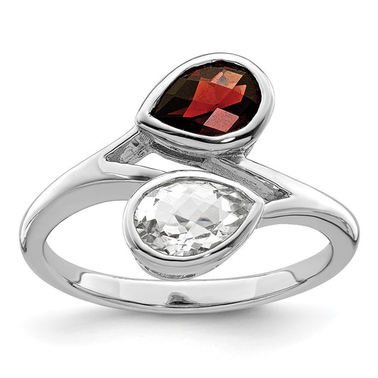 Sterling Silver Rhodium-plated Polished Garnet u0026 White Topaz ByPass Ring