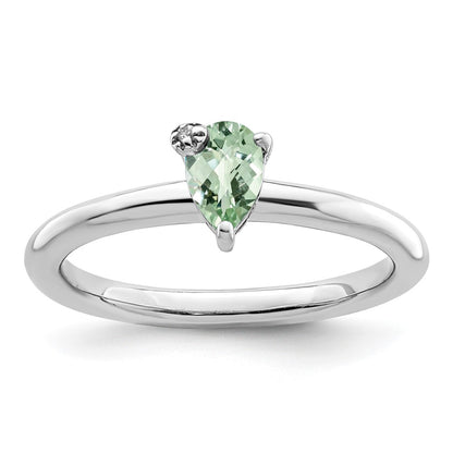 Sterling Silver Rhodium-plated Pear Green Quartz u0026 White Topaz Ring