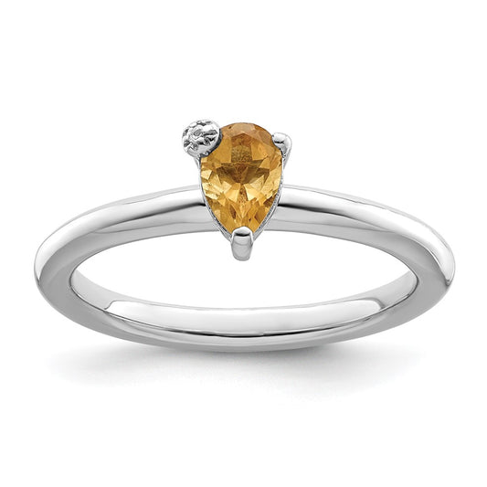 Sterling Silver Rhodium-plated Polished Pear Citrine u0026 White Topaz Ring