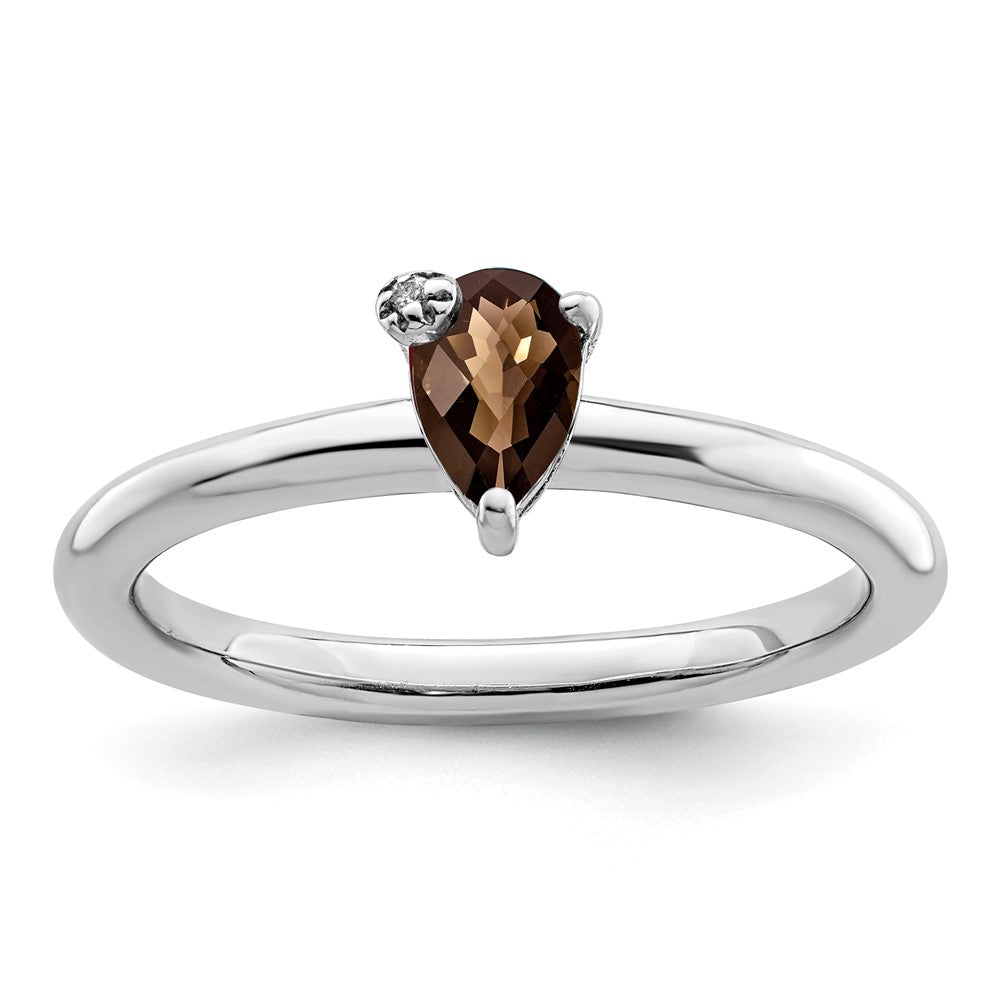 Sterling Silver Rhodium-plated Pear Smoky Quartz u0026 White Topaz Ring
