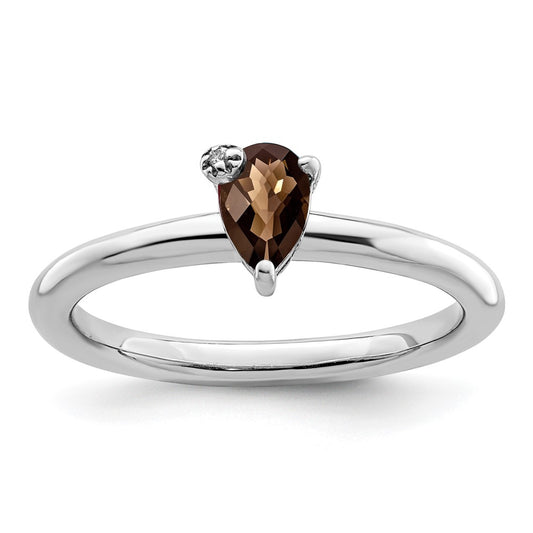 Sterling Silver Rhodium-plated Pear Smoky Quartz u0026 White Topaz Ring