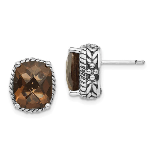 Shey Couture Sterling Silver Antiqued Cushion Checkerboard Smoky Quartz Post Earrings
