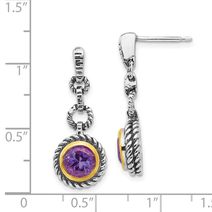 Shey Couture Sterling Silver Gold-tone Flash Gold-plated Antiqued Round Bezel Amethyst Post Dangle Earrings