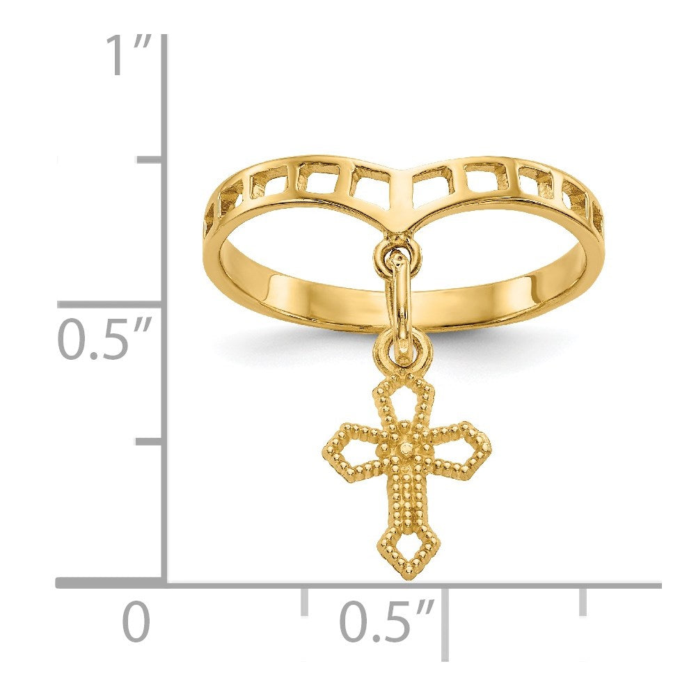 14k yellow gold polished cross dangle charm ring r133