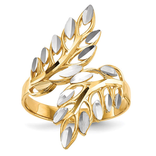 14k yellow gold w white rhodium diamond cut leaves ring r574