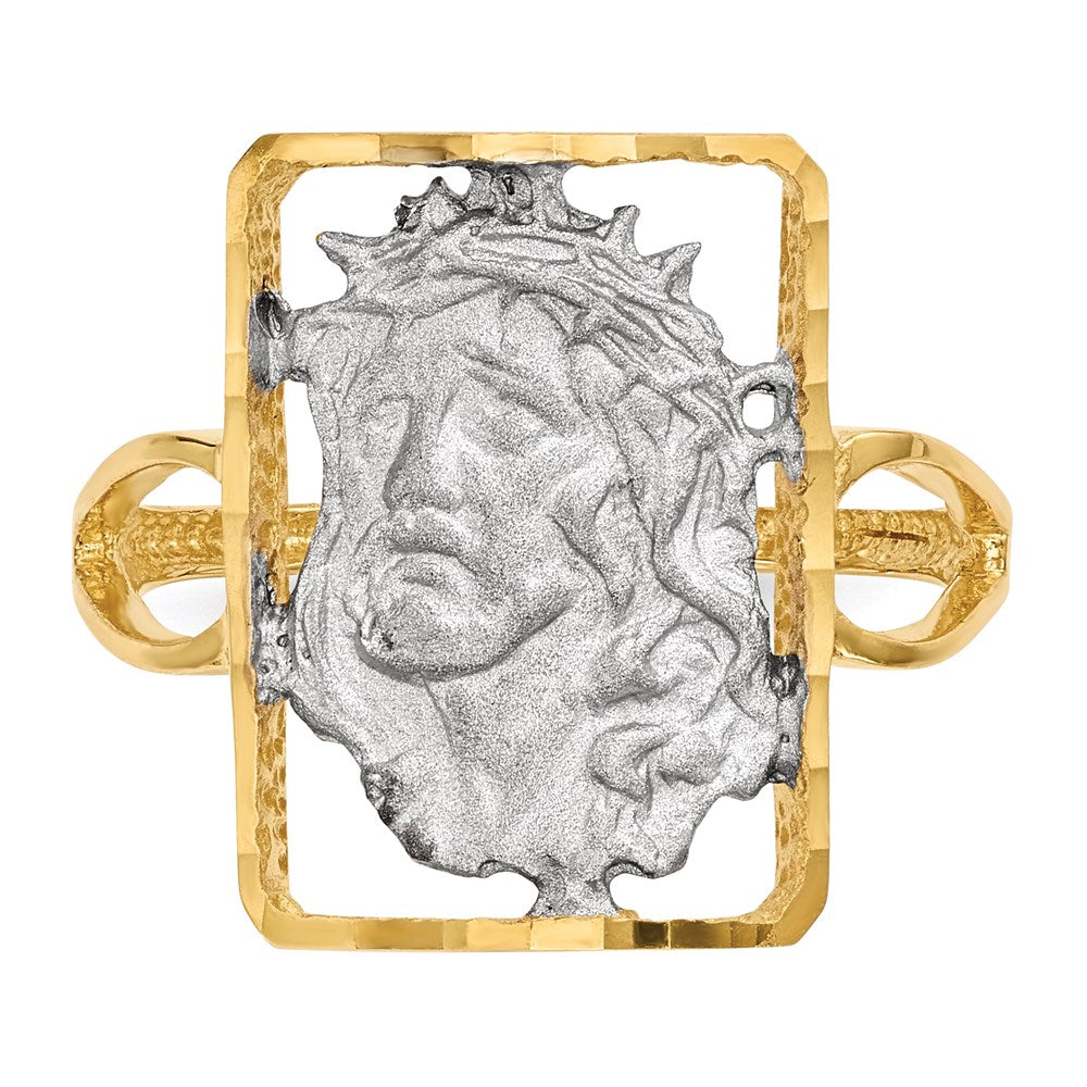 14k yellow gold with white rhodium polished and satin jesus ring r588