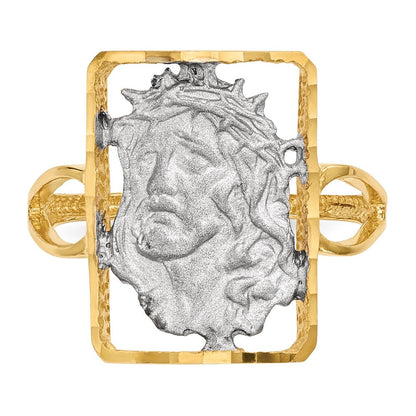 14k yellow gold with white rhodium polished and satin jesus ring r588