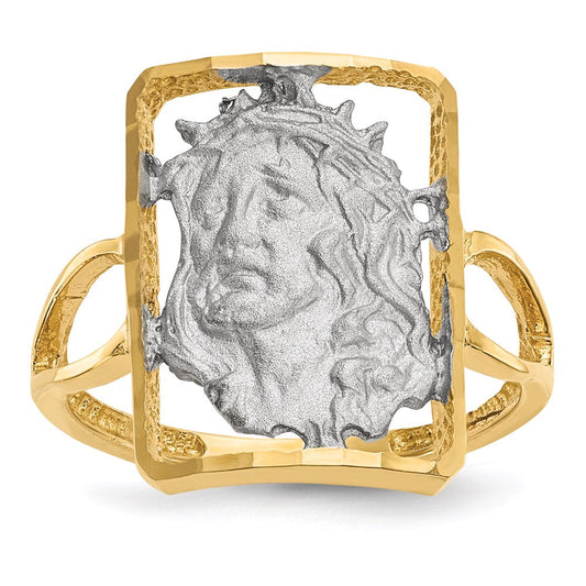 14k yellow gold with white rhodium polished and satin jesus ring r588