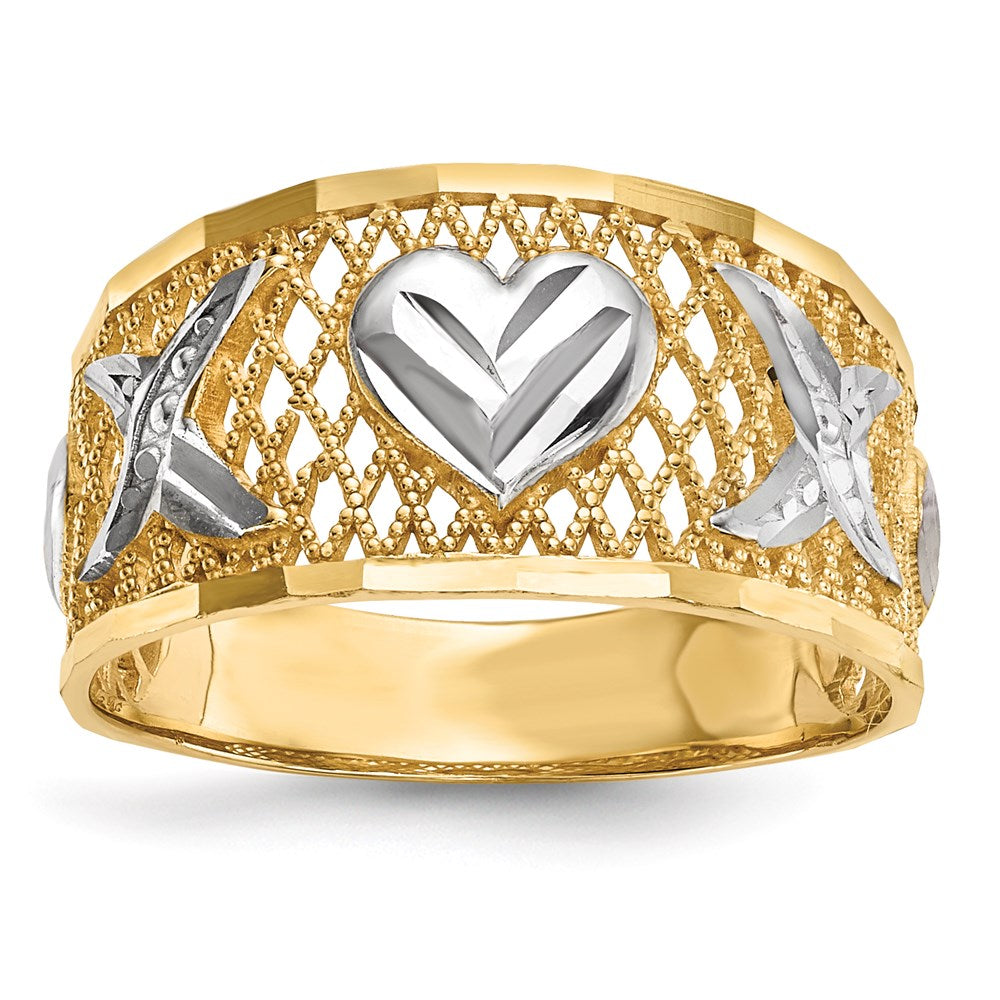 14k yellow gold w white rhodium diamond cut hearts ring r596