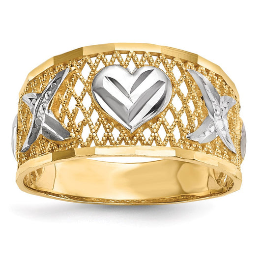 14k yellow gold w white rhodium diamond cut hearts ring r596