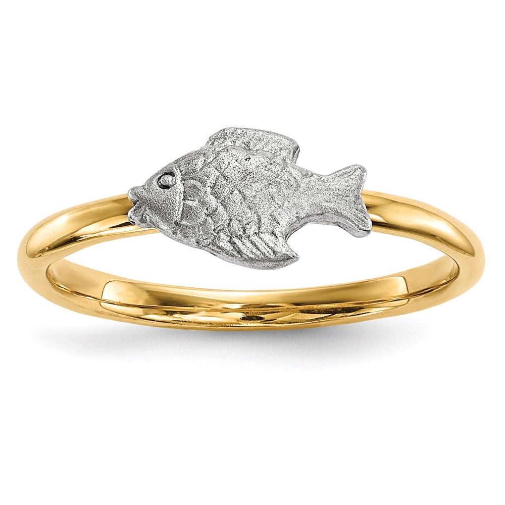 14k two tone gold polished and satin fish ring r598