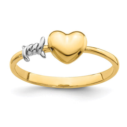 14k yellow gold with white rhodium barb wire and heart ring r654