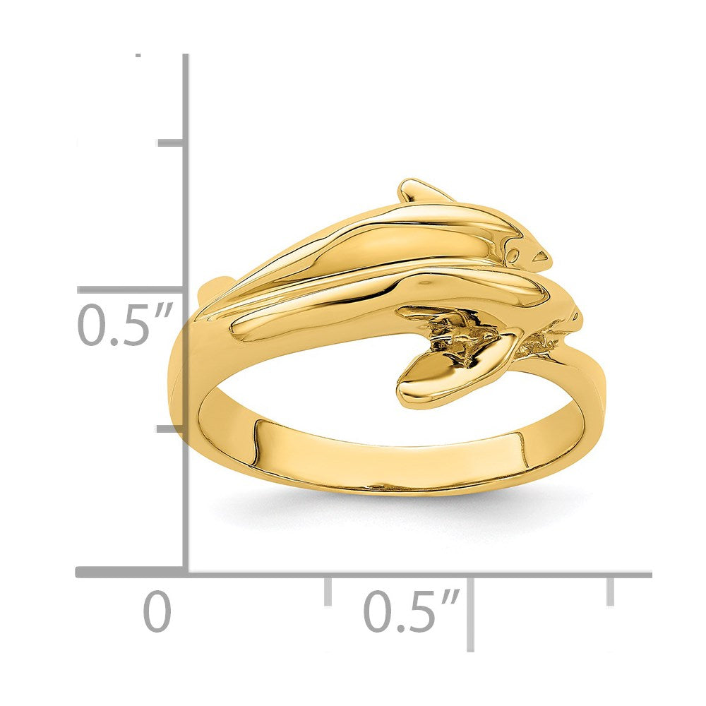 14k yellow gold polished double dolphin ring r808