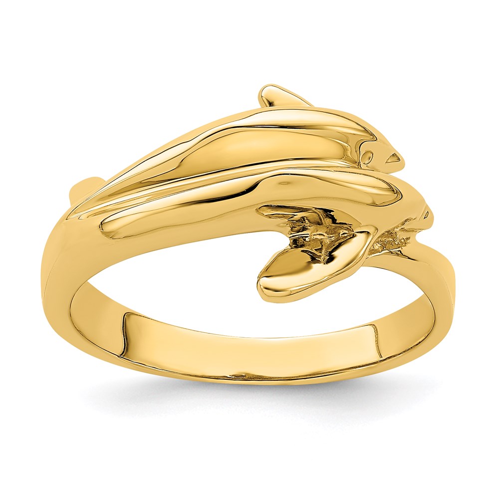 14k yellow gold polished double dolphin ring r808