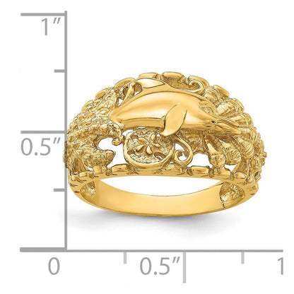 14k yellow gold dolphin and sand dollar ring r818