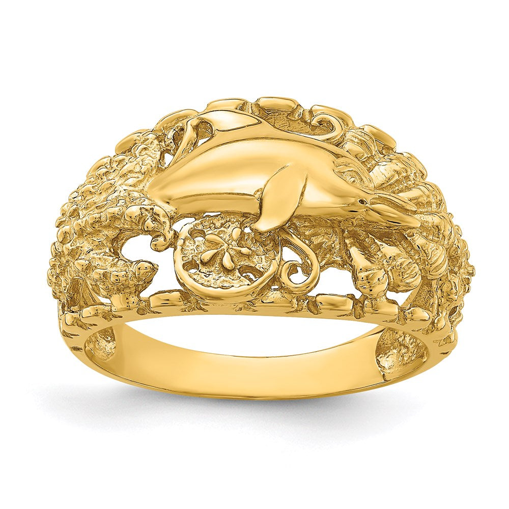 14k yellow gold dolphin and sand dollar ring r818