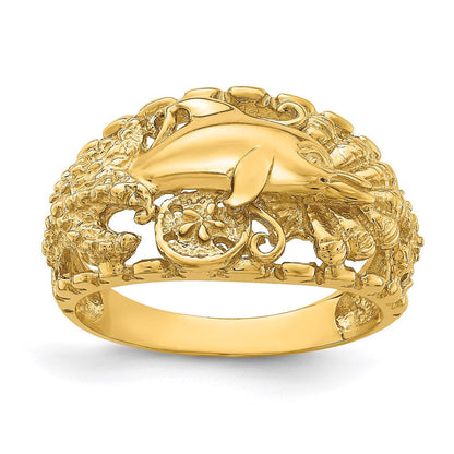 14k yellow gold dolphin and sand dollar ring r818