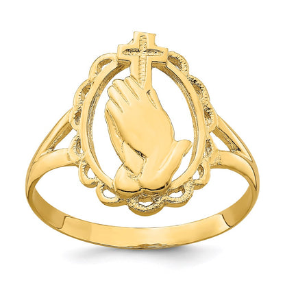 14k yellow gold polished praying hands and cross ring r846