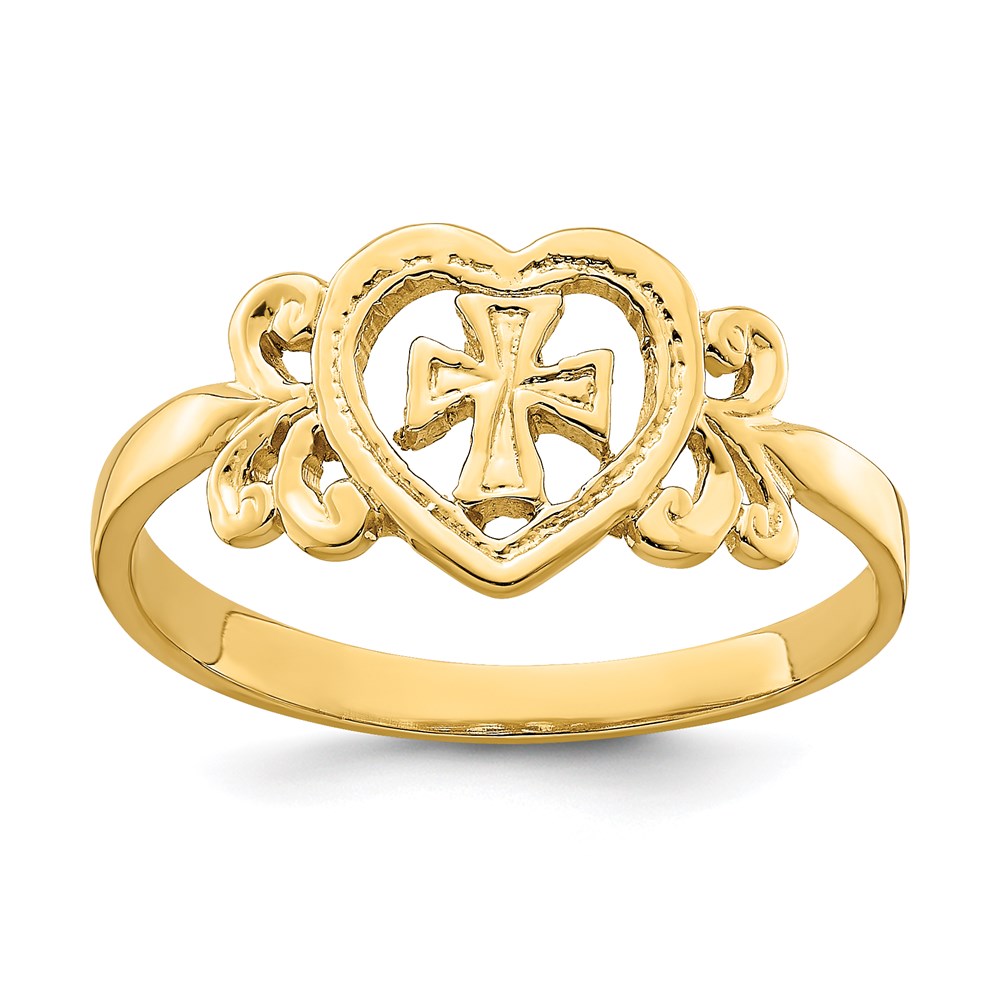 14k yellow gold polished cross in heart ring r847