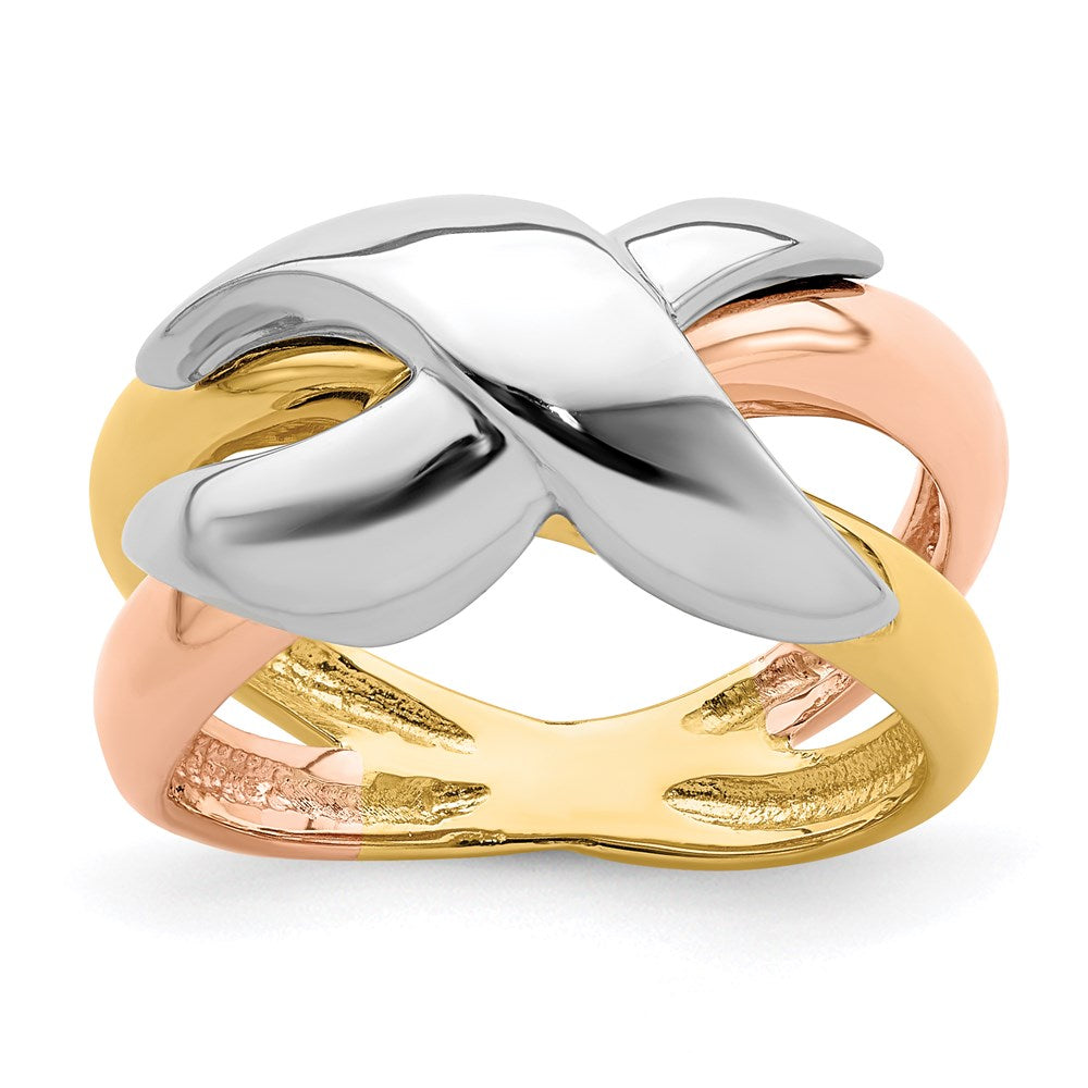14k tri color gold polished criss cross fancy band r901