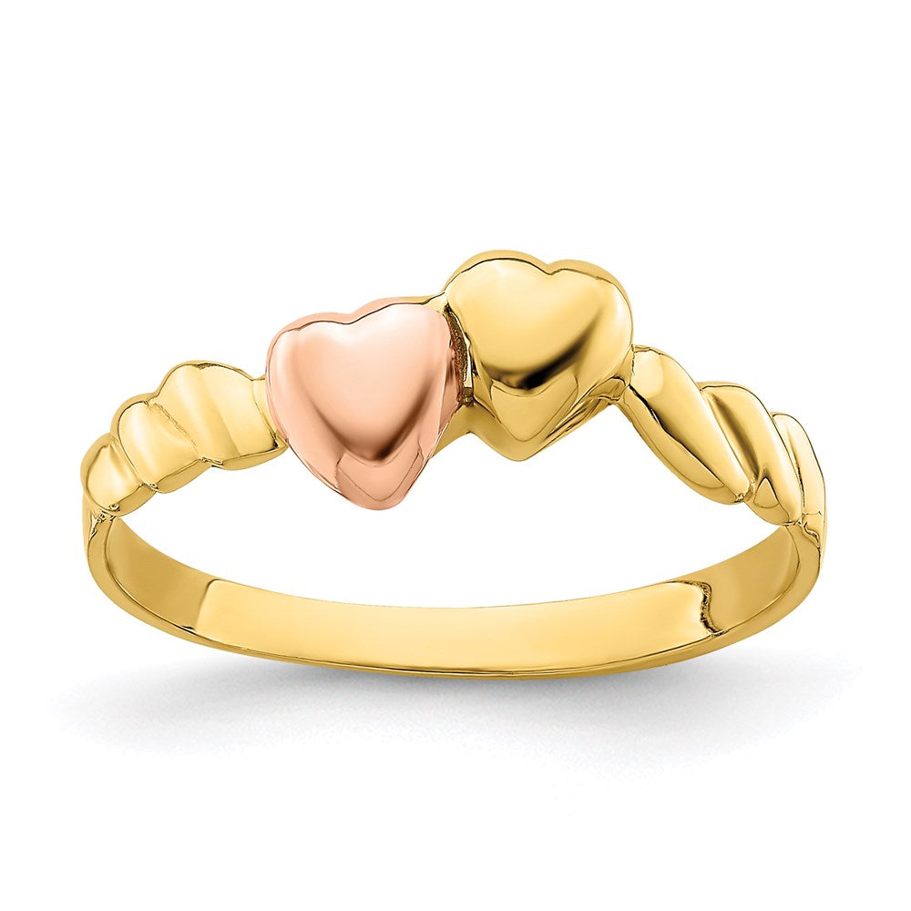 14k two tone gold two hearts ridged band r928