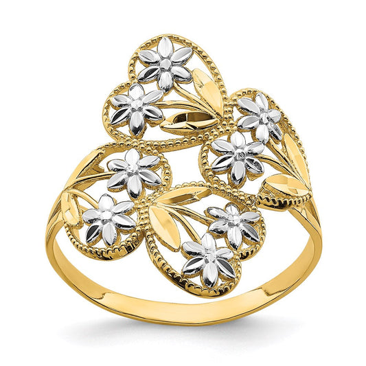 14k yellow gold w rhodium d c flower and hearts bypass ring r942