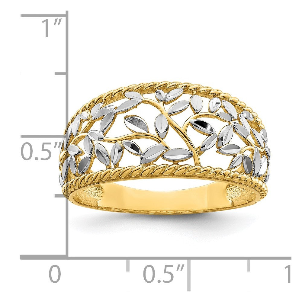 14k yellow gold w rhodium diamond cut filigree leaf ring r945