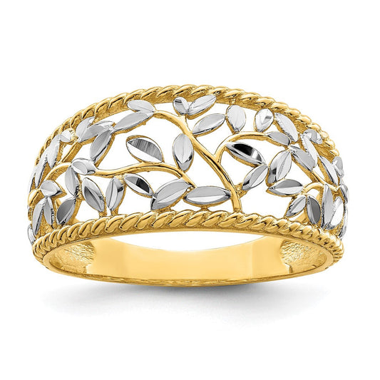 14k yellow gold w rhodium diamond cut filigree leaf ring r945