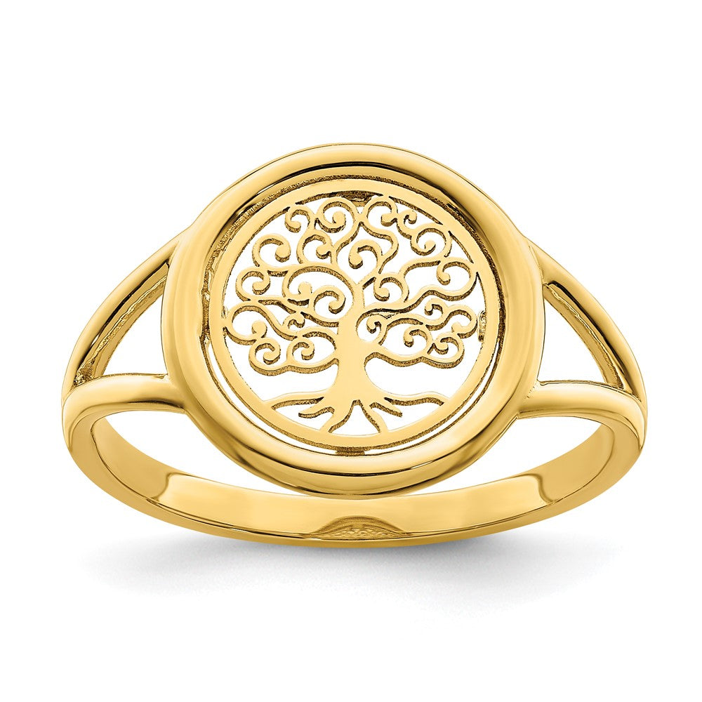 14k yellow gold polished tree of life in circle ring r949