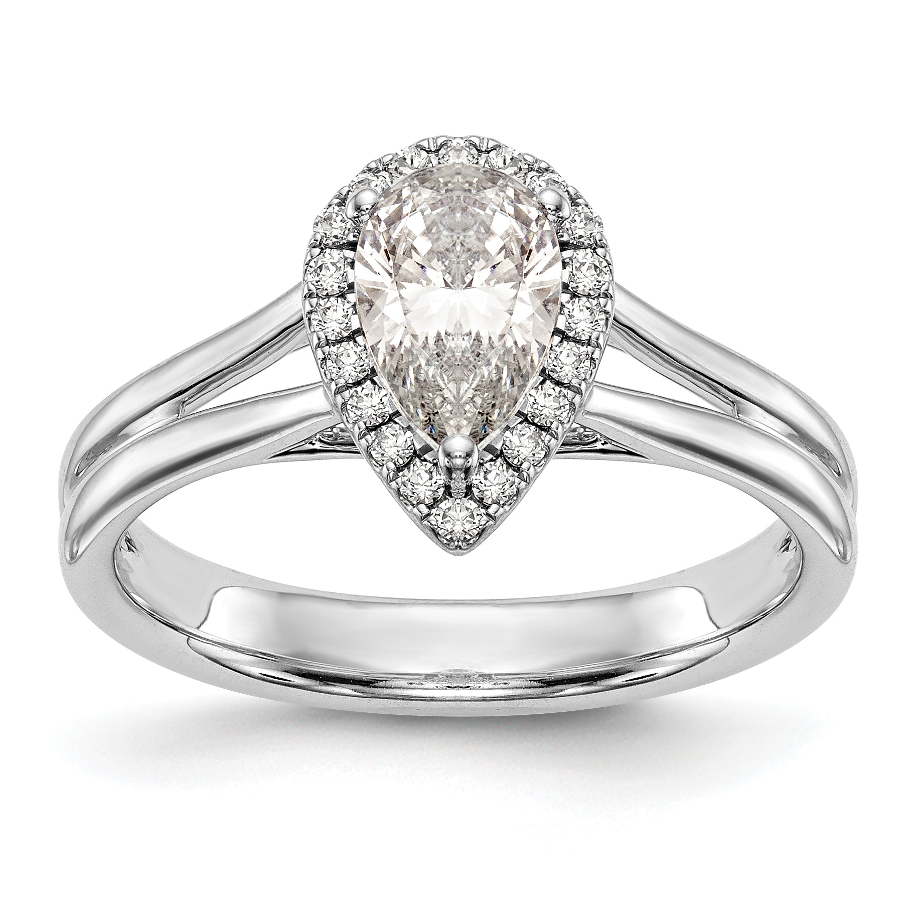 1.00ct. CZ Solid Real 14K White Gold Pear Halo Split Shank Engagement Ring
