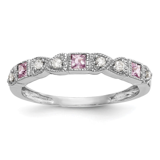 Solid 14k White Gold Simulated CZ w/PinK Sapphire Band