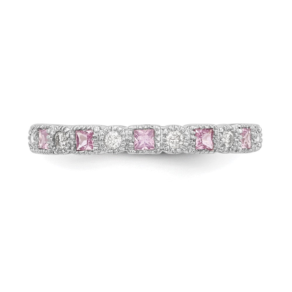 Solid 14k White Gold Simulated CZ w/PinK Sapphire Band