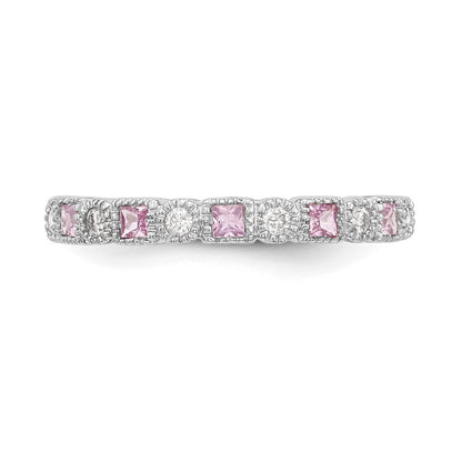 Solid 14k White Gold Simulated CZ w/PinK Sapphire Band
