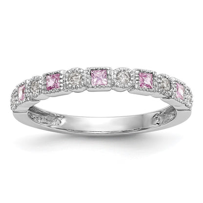 Solid 14k White Gold Simulated CZ w/PinK Sapphire Band