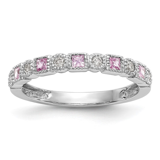 Solid 14k White Gold Simulated CZ w/PinK Sapphire Band
