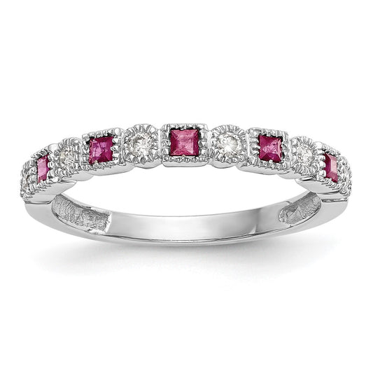 Solid 14k White Gold Simulated CZ w/Simulated Ruby Band