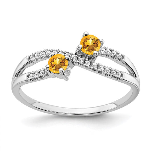 Solid 14k White Gold Two-stone Simulated Citrine and CZ Ring