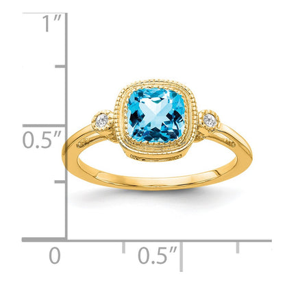 Solid 14k Yellow Gold Cushion Simulated Blue Topaz and CZ Ring