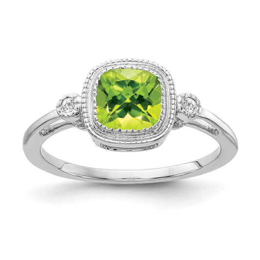14k white gold cushion peridot and real diamond ring rm3665 pe 003 wa
